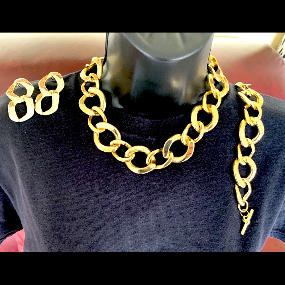 90’s vintage gold color chain jewelry set choker neclace ear rings bracelet 4 Pc